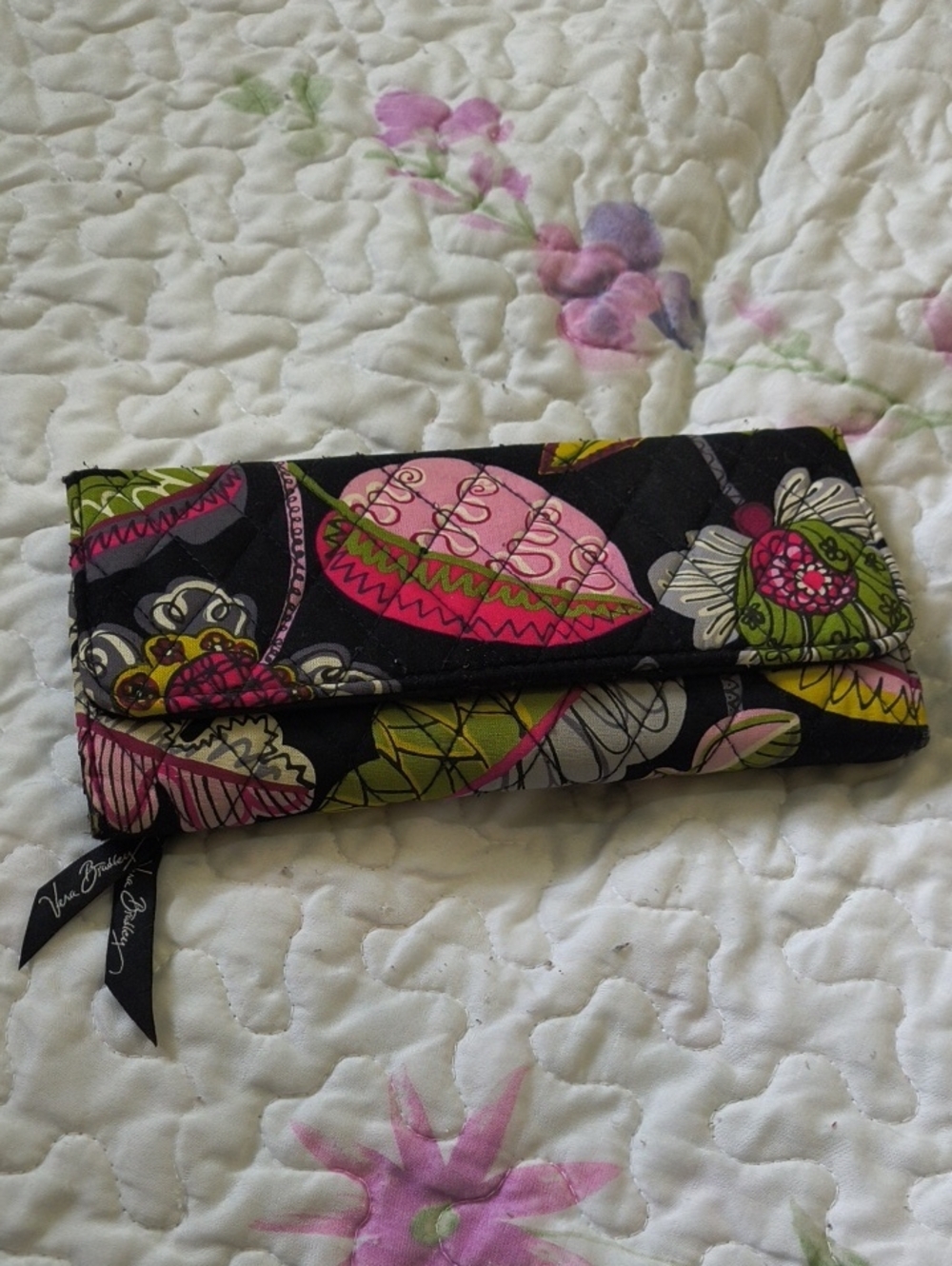 Vera Bradley Quilted Floral Fold-Over Wallet in Black, Pink & Green